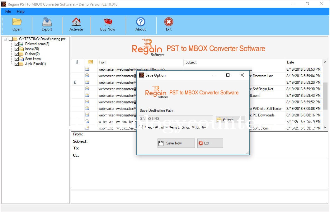 Regain PST to MBOX Converter Screenshots